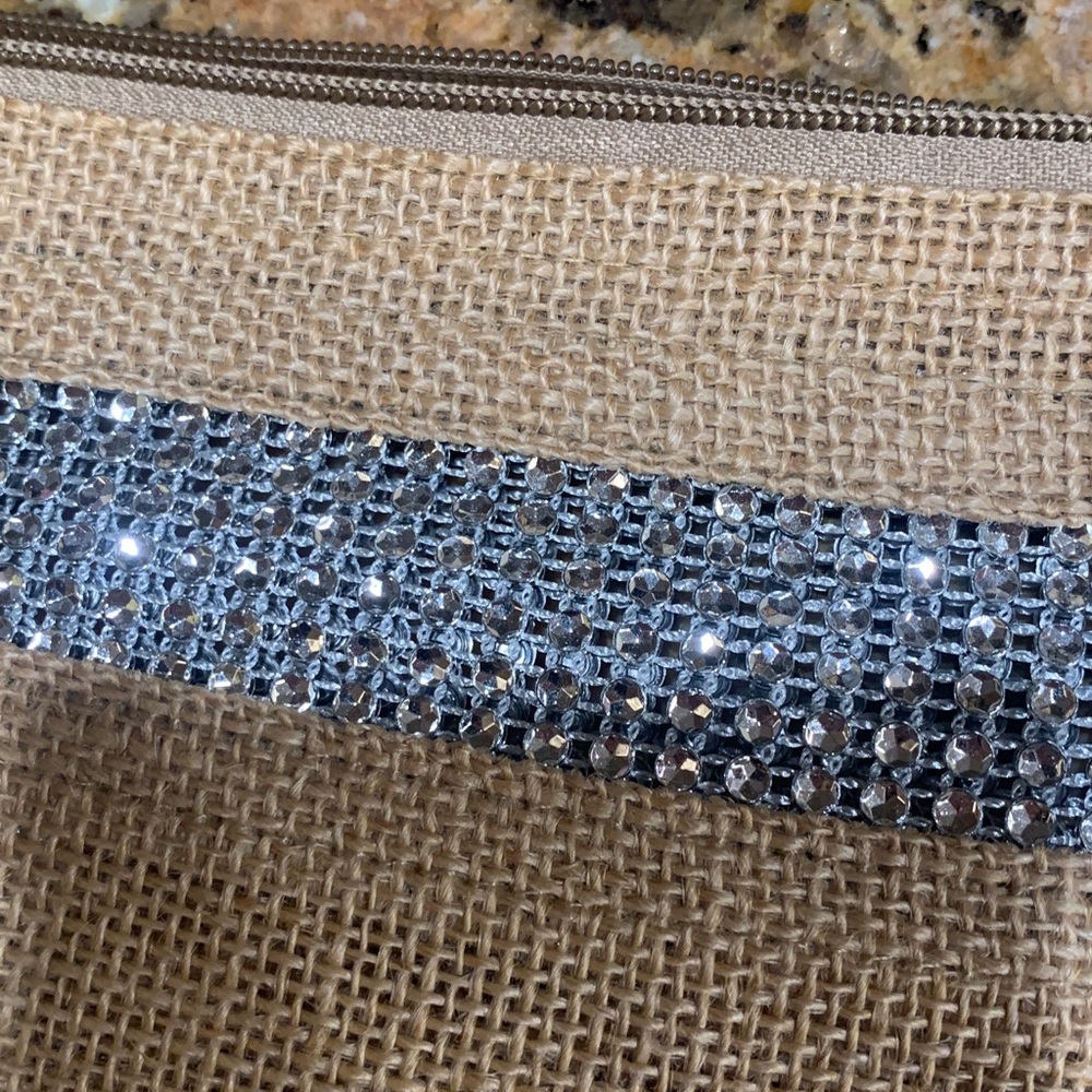Elegant Tan Clutch with Silver Accent and crystals, real linen, brand new,must❤️ - Picture 9 of 10